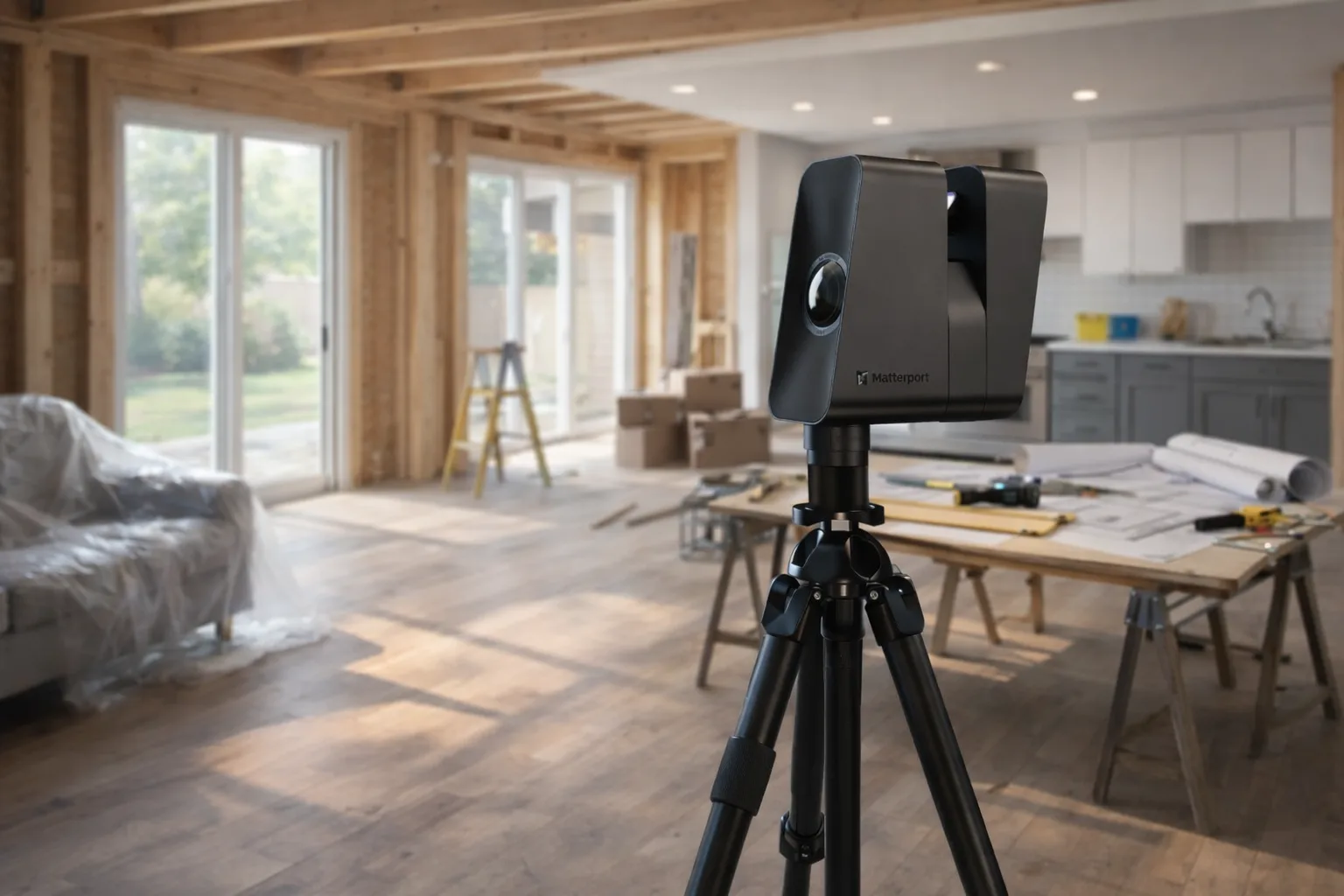 LiDAR scanner staged with renovation plans and blueprints for residential documentation